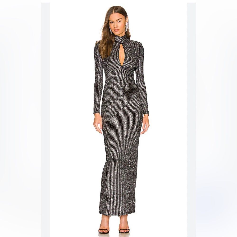 Michael Costello x Revolve Winnie Gown maxi dress black silver metallic party